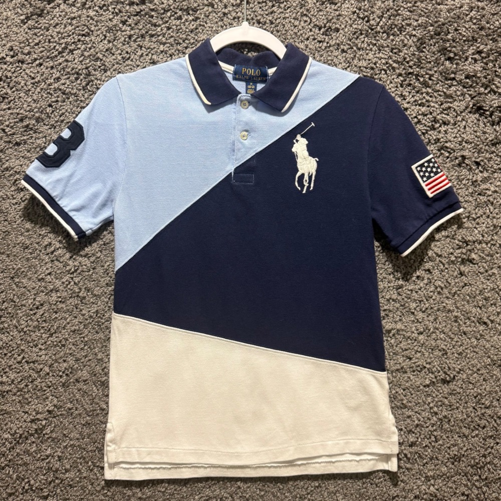 Polo Ralph Lauren Polo Shirt Boys M 10-12 Blue Colorblock Excellent Big Pony 3